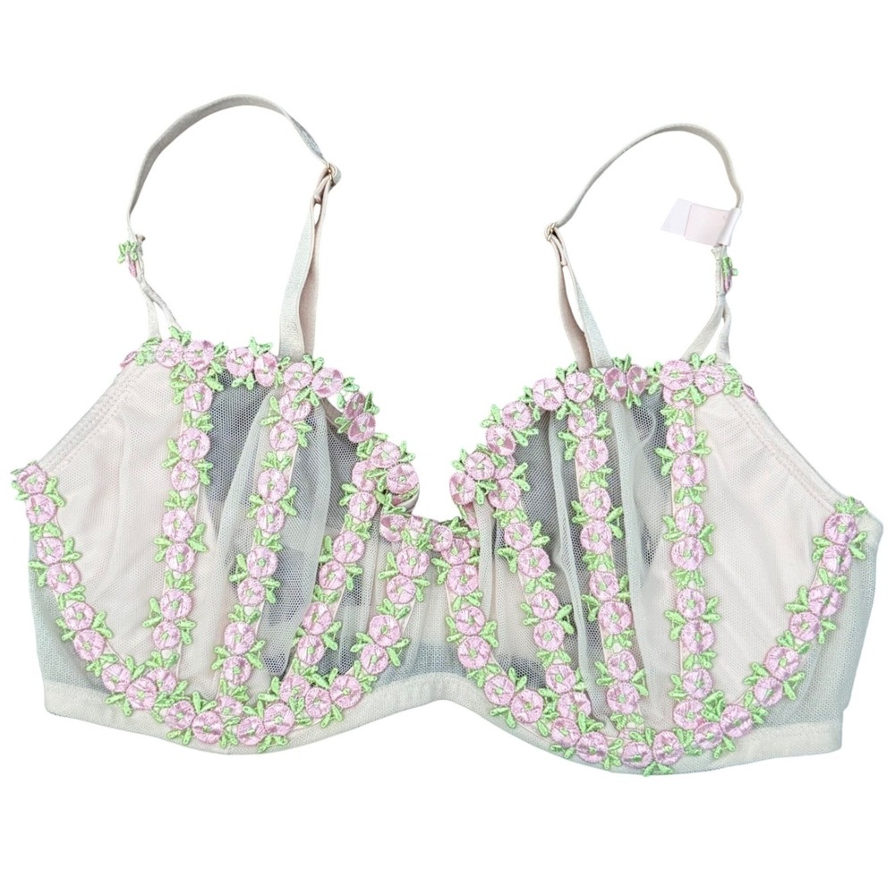 Victoria's Secret Dream Angels Balconet Bra 32DD Pink Floral Mesh Embroidered